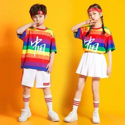 Pure cotton parent-child clothing rainbow striped short-sleeved T-shirt student class uniform National Day performance school sports meeting family outing top