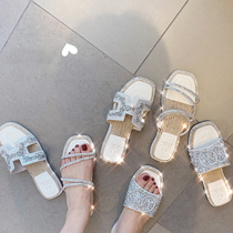 Slippers womens summer 2021 new fashion outside wearing cool slippers net red wild flat beach rhinestone sandals word drag