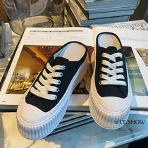 Thick-soled canvas shoes womens 2021 new spring and summer models burst wild net red muffin bottom baotou half-drag cool slippers
