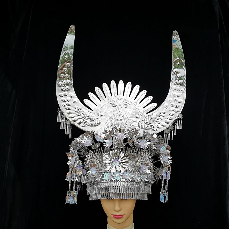 Ethnic minority women's hat dance performance clothes assembly accessories headwear Miao clothing item ring silver hat Miao ethnic characteristics