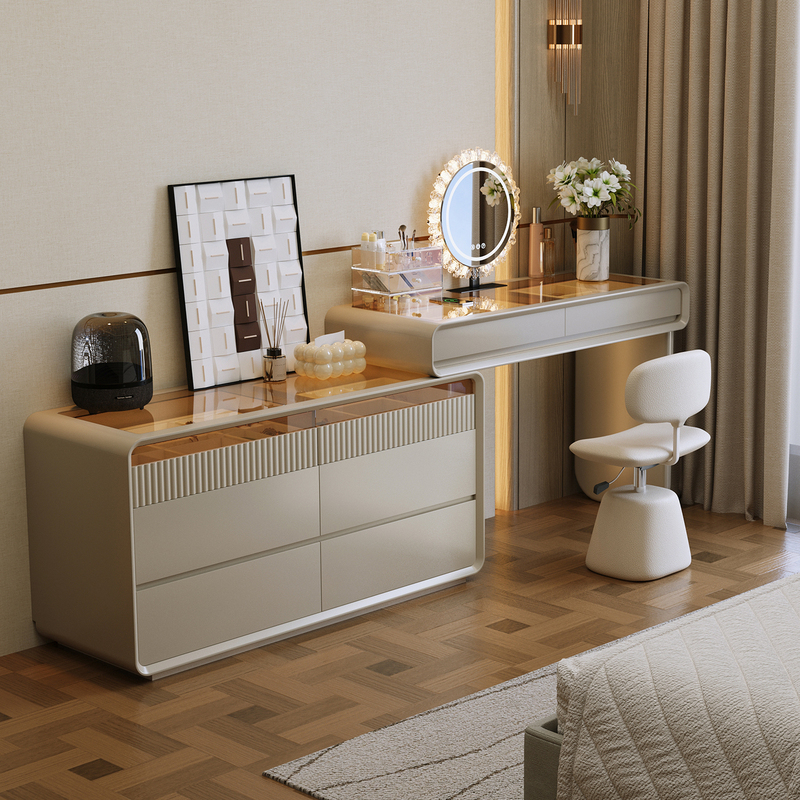 Italian Minimalist Dressing Table and Chest of Drawers Integrated, Light Luxury High-End Glass and Solid Wood Lacquered Bedroom Bedside Vanity Table with Lock Italian Minimalist Dressing Table and Chest of Drawers Integrated, Light Luxury High-End Glass and Solid Wood Lacquered Bedroom Bedside Vanity Table with Lock