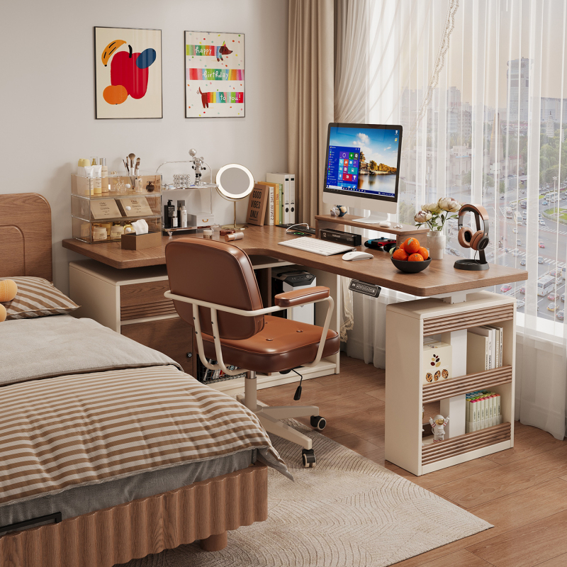 Corner Electric Lift Table L-Shaped Desk Bedroom Bedside Semi-Enclosed Desk Bookcase Integrated Corner Computer Desk Corner Electric Lift Table L-Shaped Desk Bedroom Bedside Semi-Enclosed Desk Bookcase Integrated Corner Computer Desk