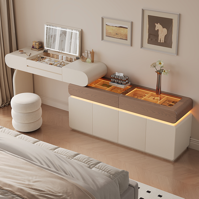 Cream-Colored Solid Wood Flip-Top Dressing Table, Light Luxury High-End Master Bedroom Dresser Integrated with Bedside Table, 2026 New Model Cream-Colored Solid Wood Flip-Top Dressing Table, Light Luxury High-End Master Bedroom Dresser Integrated with Bedside Table, 2026 New Model