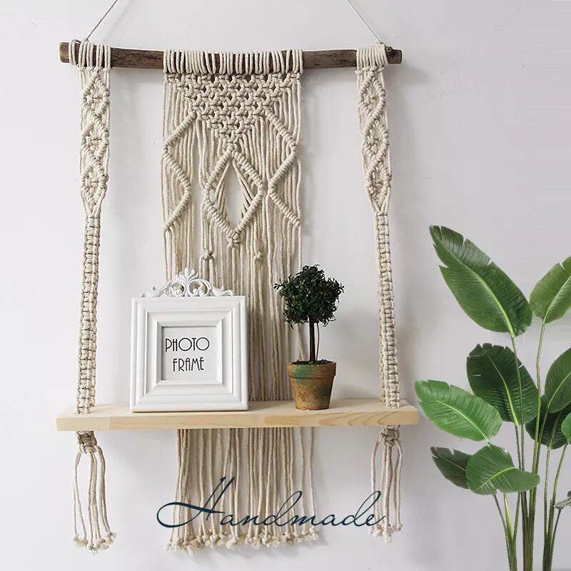 Nordic Style Hand Woven Tapestry Bedroom Xuanguan Minsleeping wall Wall Partition Shelve Shelve solid wood Flower Shelf Hangover