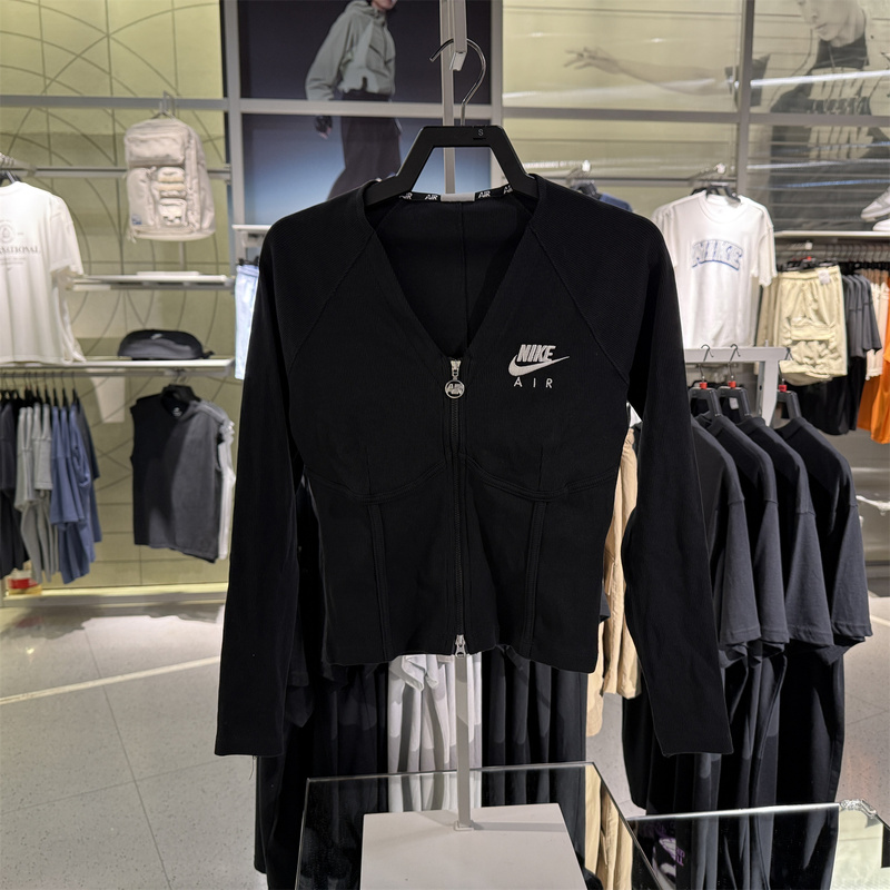 Authentic Nike Women's Long-Sleeve Zip-Up Top with Fishbone Design, Casual Sports Embroidery Fd2377