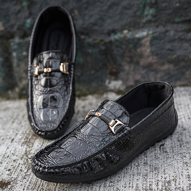 2026 Spring/Summer New Men's Loafers Korean Style Trendy Crocodile Pattern Low-Top Casual Versatile Soft-Soled Slip-On Shoes