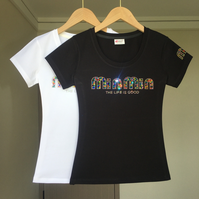 European-Style Letter Rhinestone Black Short-Sleeve T-Shirt for Women, 2025 Summer New Korean Version Slim-Fit Half-Sleeve Top