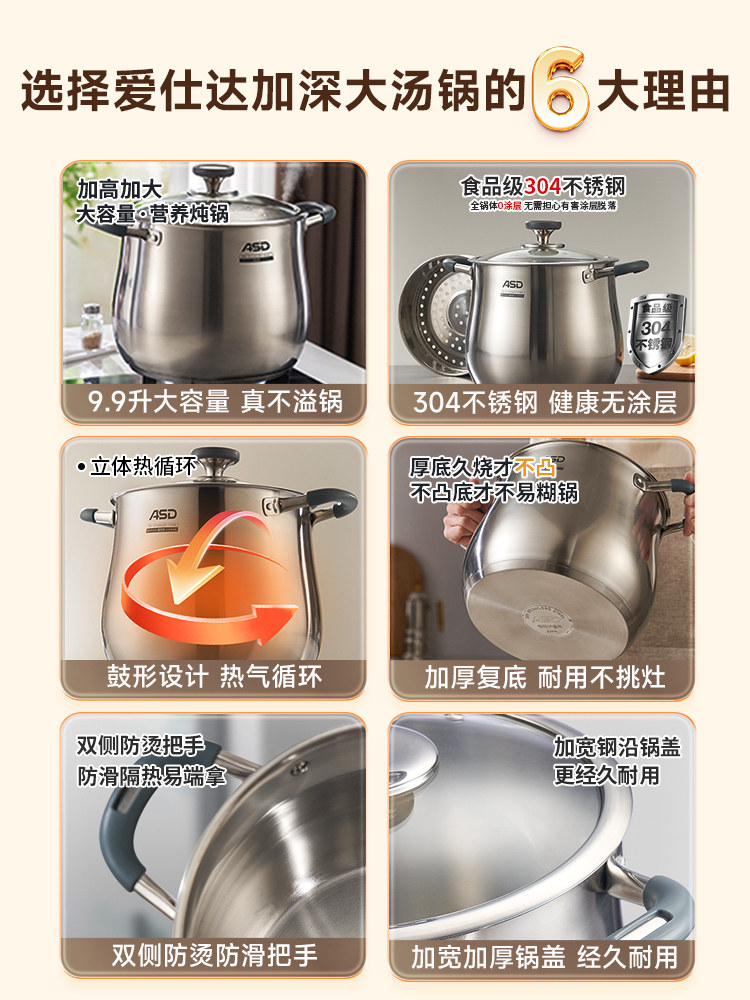 Aistar Soup Pot 304 Stainless Steel Thickened Large Capacity Household Soup Steaming and Stewing Pot Double-Handle Soup Bucket Induction Cooker