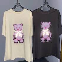 welldonet T-shirt reflective bow tie bear print short sleeve T-shirt 21 summer loose round neck long men and women