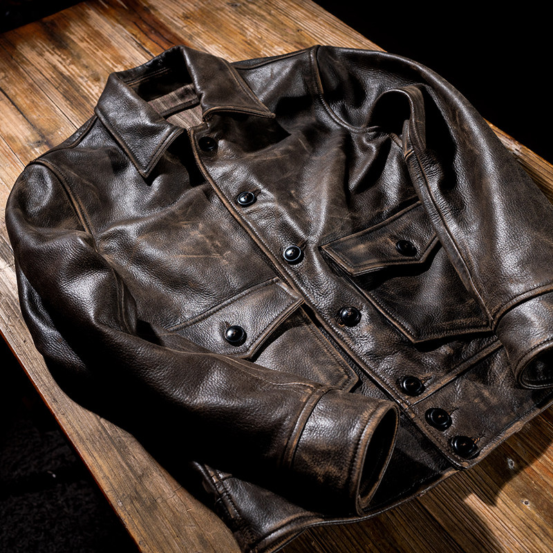 1920 American vintage old tea heart first layer pure cowhide men's leather leather Motorcycle leather jacket Autumn and winter jacket