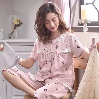 Middle-aged mother pajamas female summer cotton short sleeve set summer home clothes middle-aged cardigan thin plus size