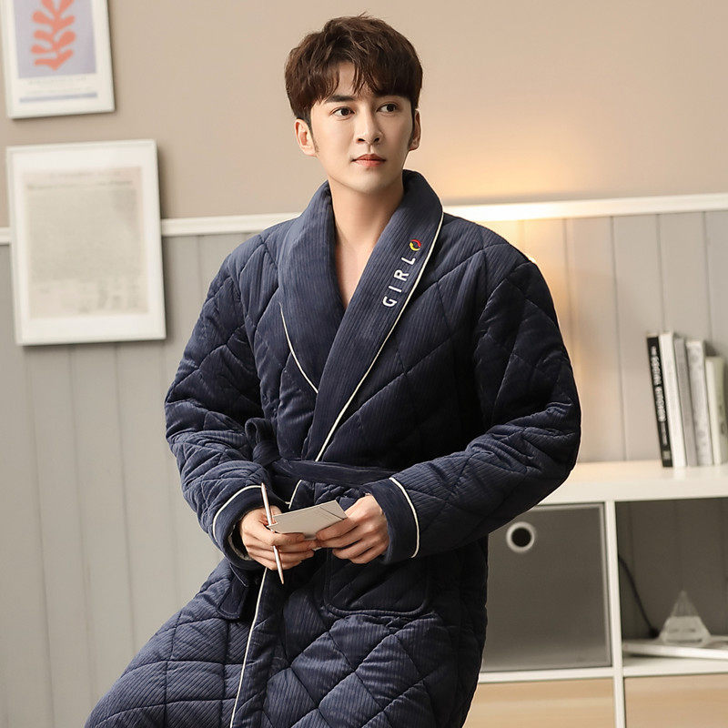 Dressing gown men winter thickened extended flannel three-layer cotton bathrobe plus fleece robe pajamas winter men's