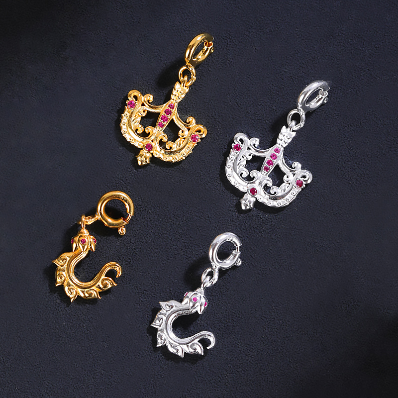 S925 Sterling Silver Tibetan-Style Cupid's Arrow Bow Hook Couple Necklace Pendant with a Design of the Vajra, a Sacred Tool of the Vajrakirti Buddha, in Gold and Silver Dual Colors