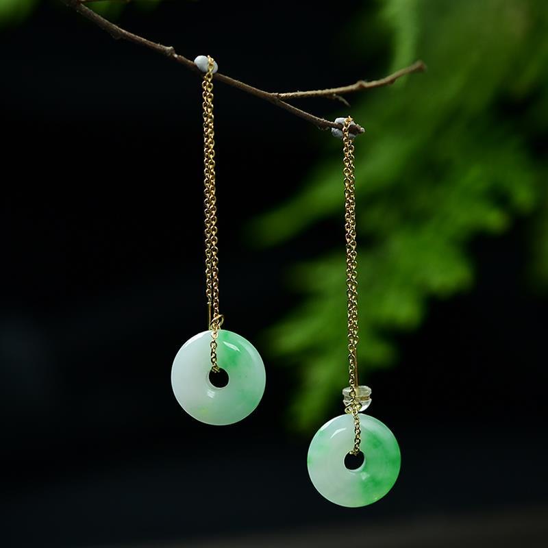 s925 silver inlaid emerald green button with long version of female atmosphere 100 hitch jade fresh retro ear pendant earrings