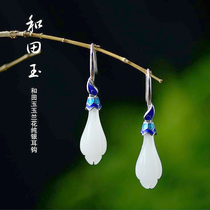 Hetian Jade Magnolia long earrings s925 sterling silver inlaid jade earrings hypoallergenic simple female new earrings