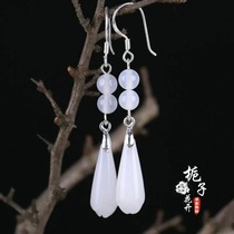 White Jade Magnolia earrings natural jade crystal earrings pure silver ear hook hypoallergenic classical female earrings long