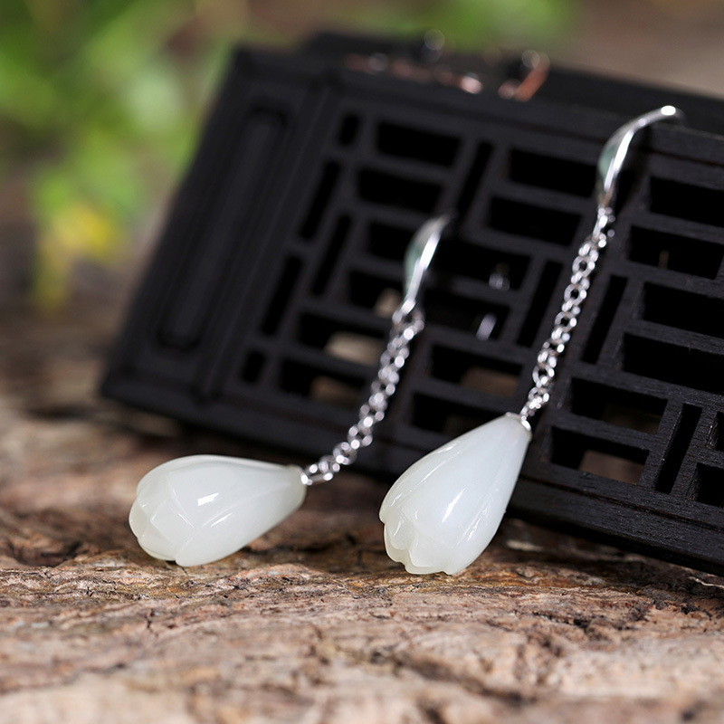 S925 sterling silver long magnolia flower earrings Hetian jade simple temperament female ancient style cheongsam national style earrings earrings