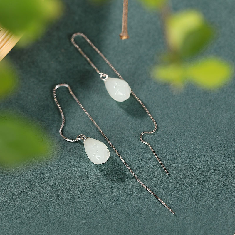 S925 sterling silver natural Hetian jade earrings simple high-end all-match long magnolia flower jade earrings earrings