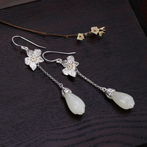 S925 sterling silver earrings natural Hetian Jade Magnolia earrings retro simple Palace ear hook female jewelry