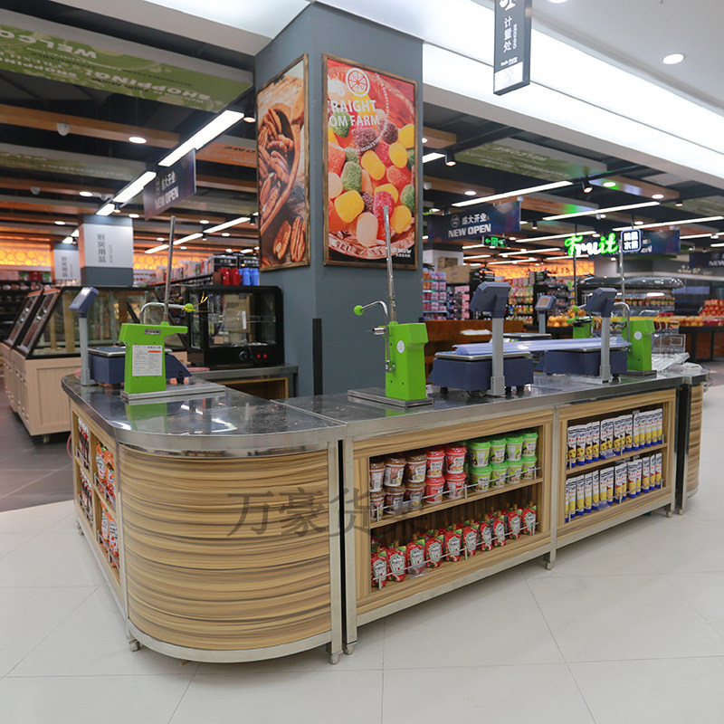 Supermarket shelves raw fresh supermarket to call table, silver table wooden prose weighing table bag columns to call the table