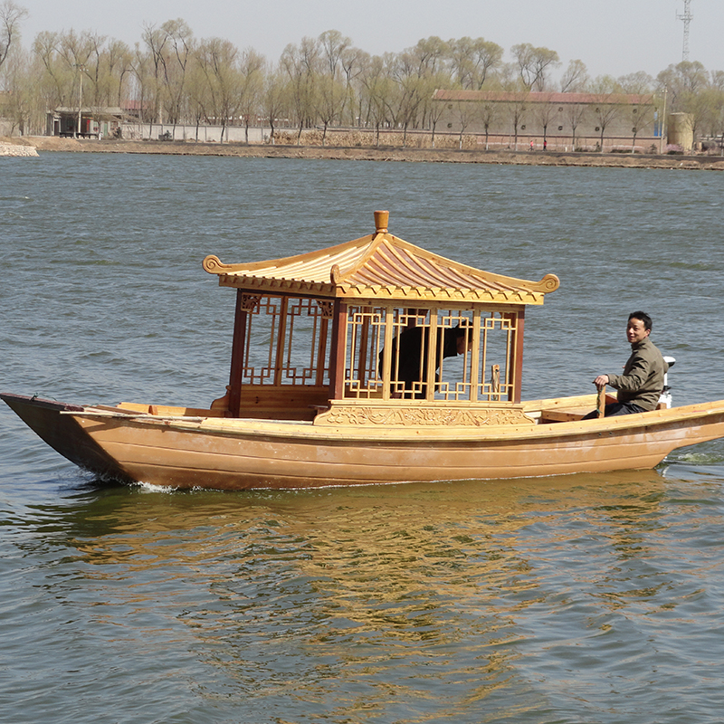 Wooden boat fishing boat Ucanopy boat solid wood European-style wooden boat water two ends pointed decorated with high and low tent old imitation ancient painting boat boat