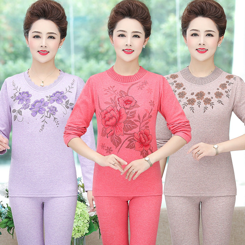 Middle-aged and elderly autumn clothes sanitary pants women's suit cotton thickened thermal underwear mother large size cotton sweater base autumn and winter