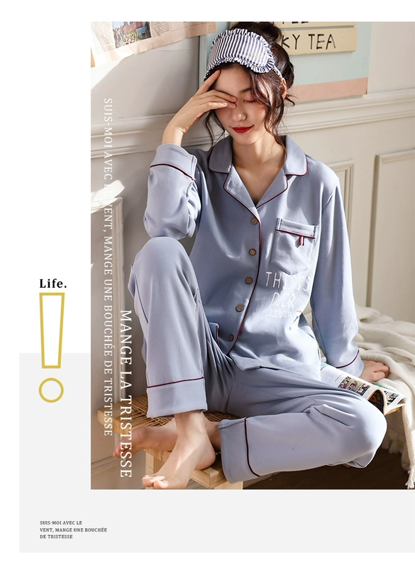 Đồ ngủ nam cực nam xuân hè thu đông tay dài bằng vải cotton mỏng phù hợp với phiên bản tiếng Hàn của chất liệu cotton dễ thương cho nữ