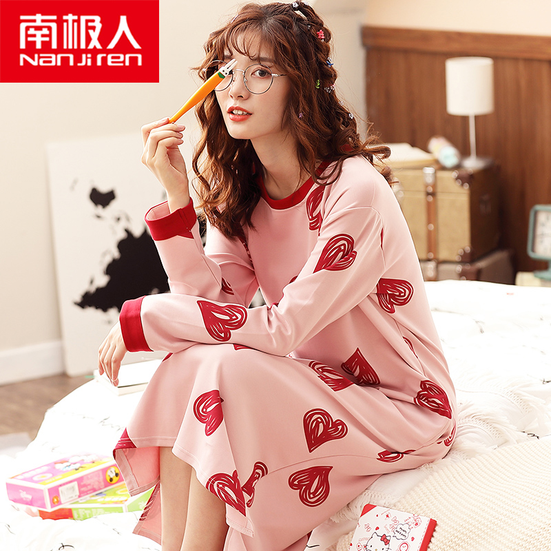 South Pole Sleeping Dress Woman Autumn Winter Pure Cotton Long Sleeve Sleeping Clothes Spring Autumn Season Korean Version Cute Long Version Long Dress Grand size Home Sizes Home Clothes