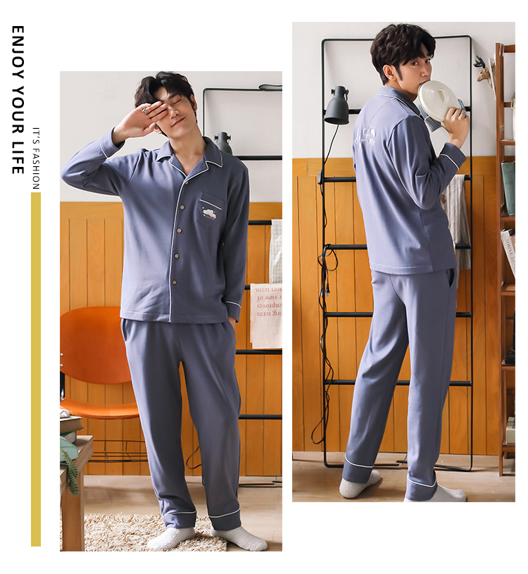 Đồ ngủ dài tay nam cực cotton nam mùa xuân và mùa thu cộng với phân bón XL phần mỏng thanh niên cotton mùa hè phù hợp với dịch vụ nhà đồ bộ thể thao nam