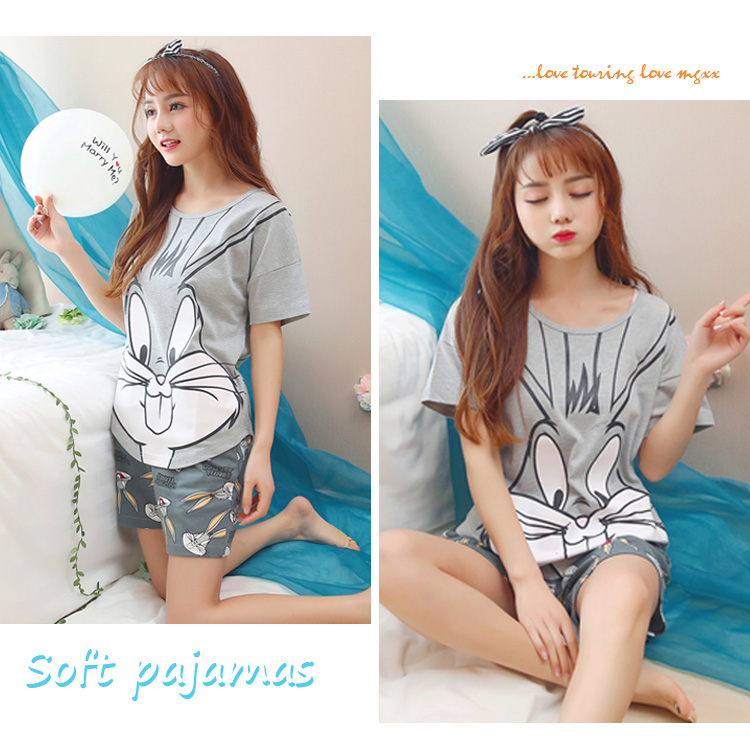 Nam Cực phiên bản Hàn Quốc của đồ ngủ cotton nữ mùa hè quần short tay ngắn kích thước lớn lỏng lẻo phụ nữ hoạt hình phù hợp với dịch vụ nhà bộ lụa mặc nhà
