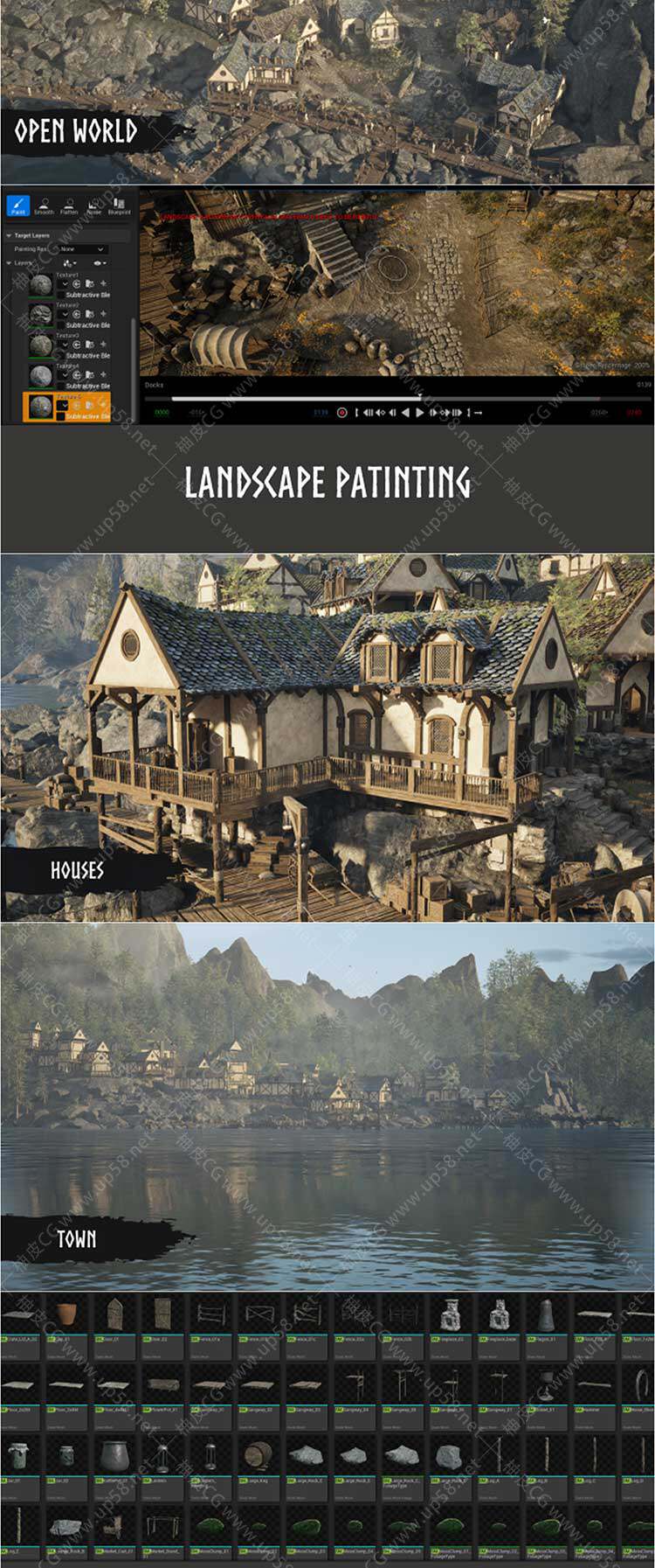Unreal Engine中世纪城镇与码头模块化场景素材Modular Medieval Town, Docks