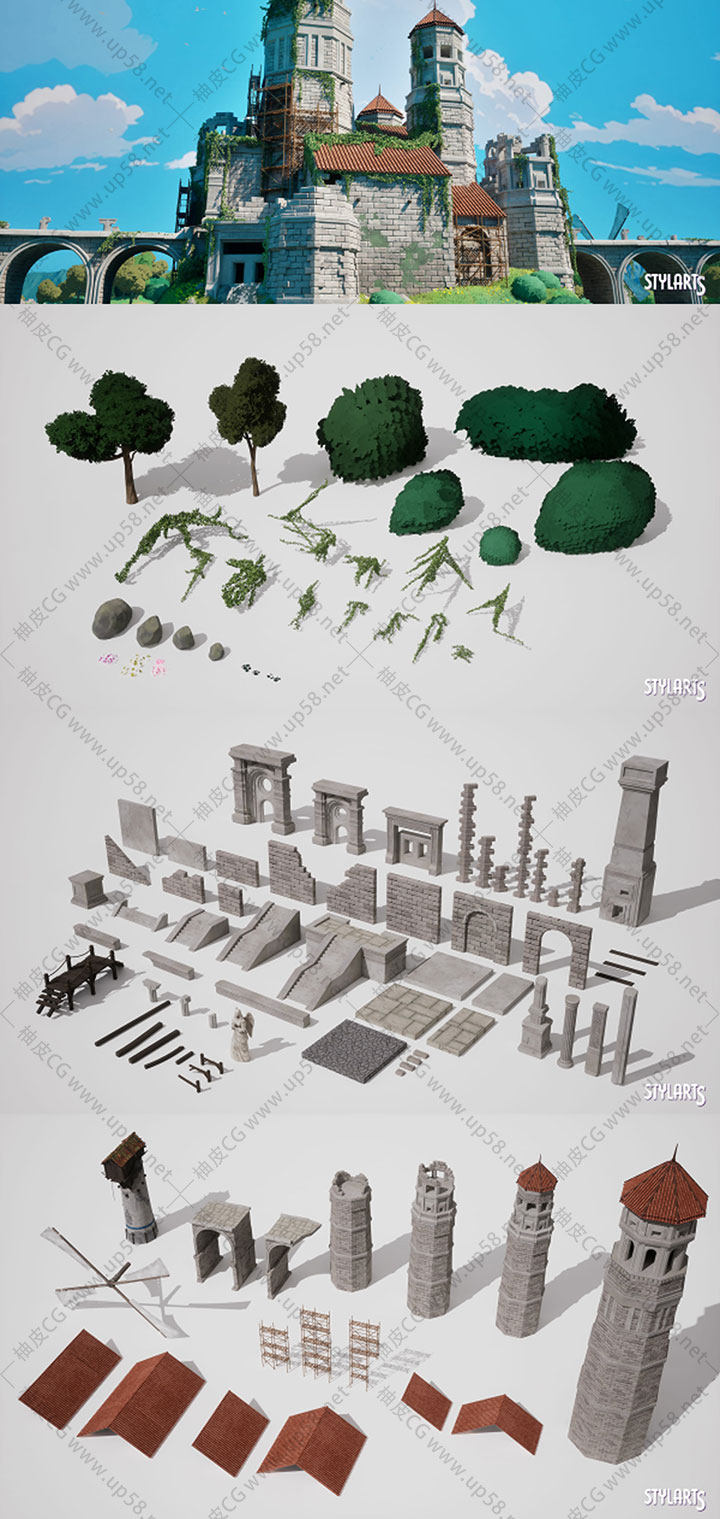Unreal Engine戏开发环境创作模块化高细节风格化废墟资产包