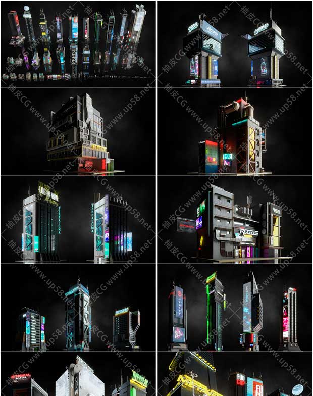 3DSMAX / Blender / C4D / MAYA / Houdini / UNITY / UE未来科幻赛博朋克公司银行商店小巷住宅高细节3D资产套件