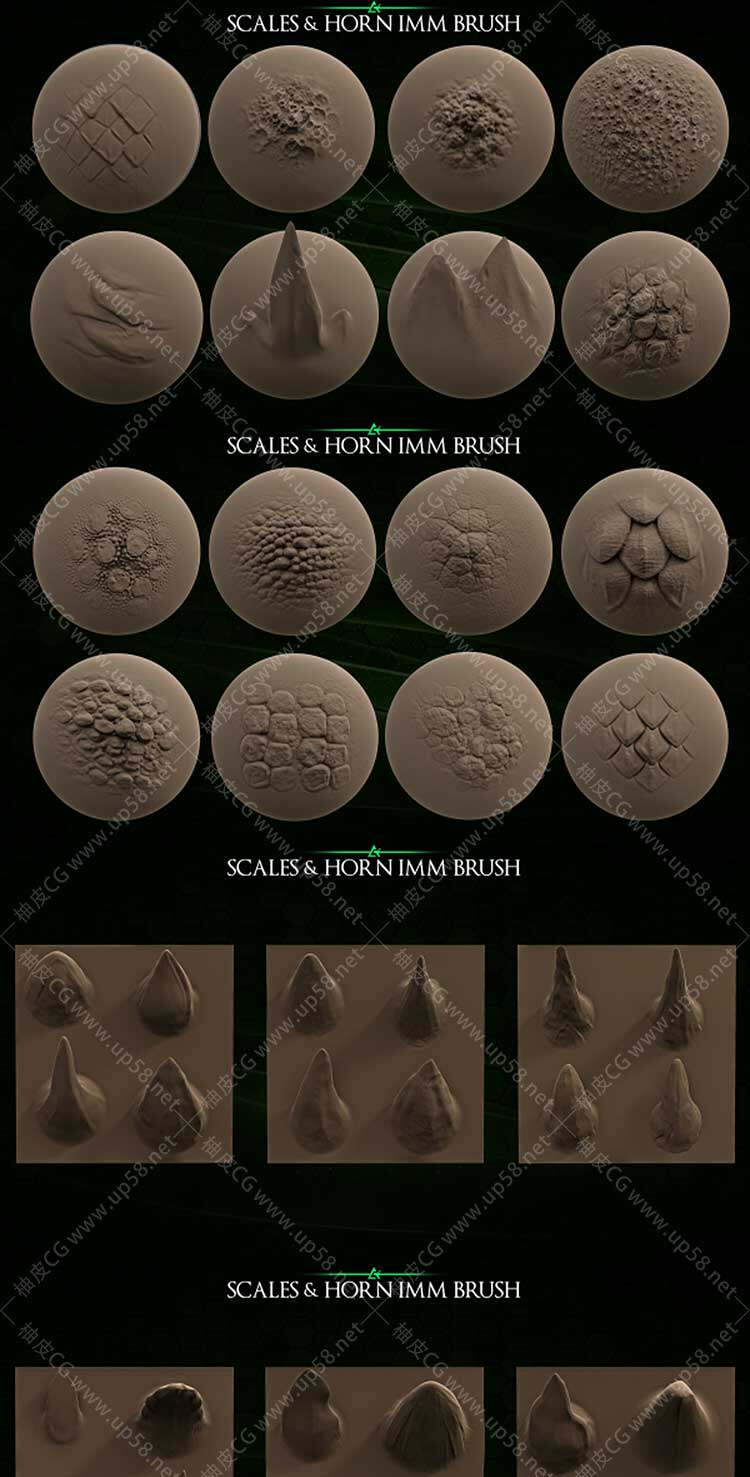 ZBrush怪兽恐龙角色模型龙角鳞片雕刻IMM笔刷合集