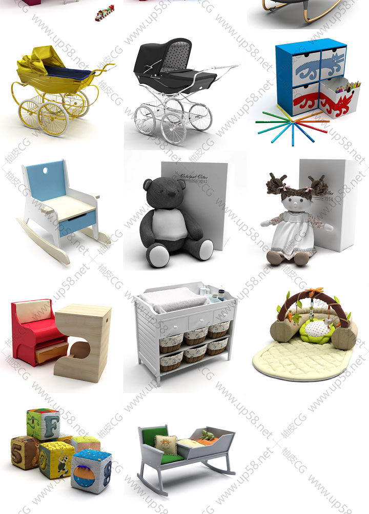 3Dsmax VRay儿童玩具婴儿车床椅精细3D模型合辑