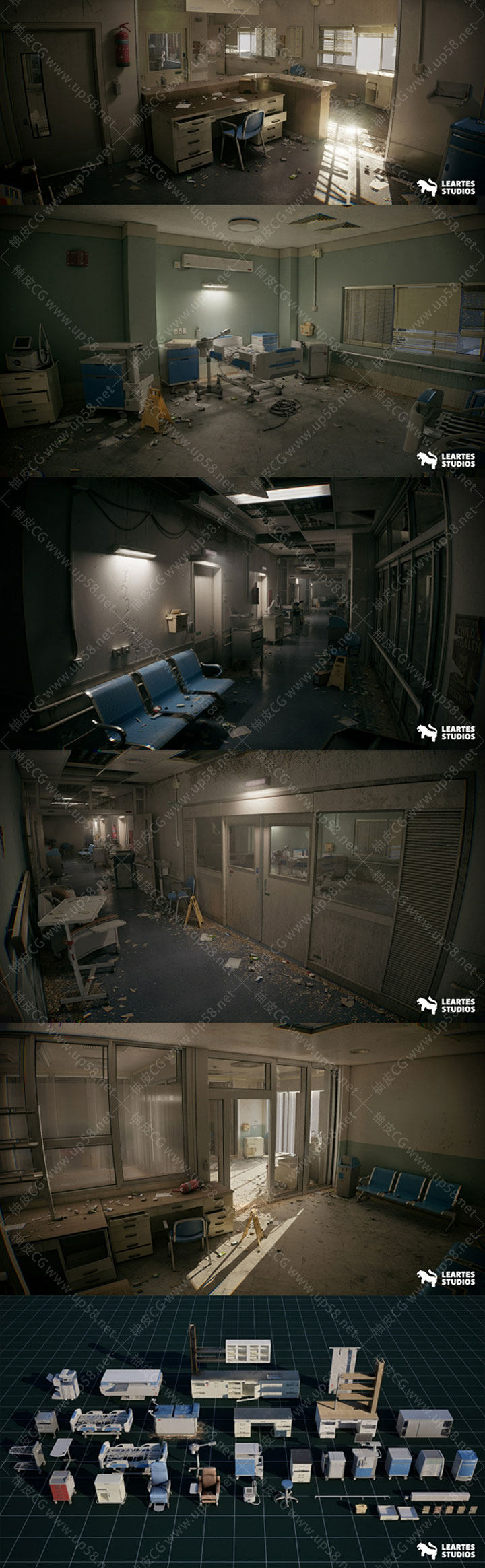Unreal Engine废弃医院模块化快速搭建写实恐怖环境资产包