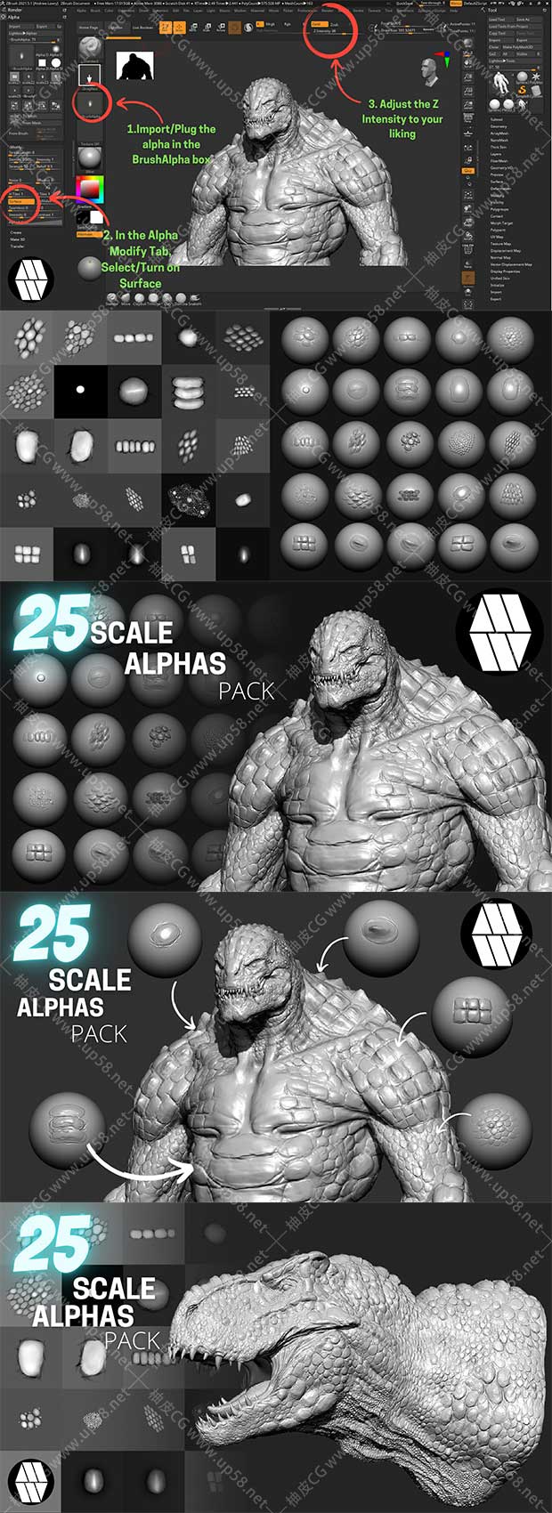 25组ZBrush异形爬行生物皮肤灰度笔刷素材