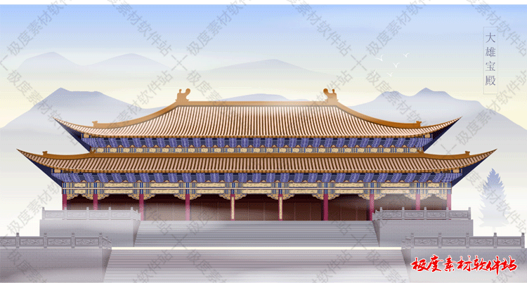 水墨山水古风建筑AI矢量图 国画工笔画图案插画海报设计素材