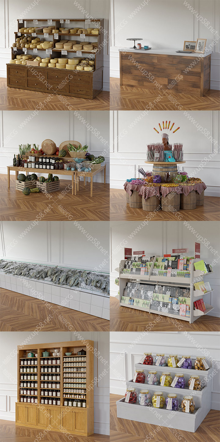 3DMAX C4D VRay超市货架冰柜瓜果蔬菜食材精细3D模型