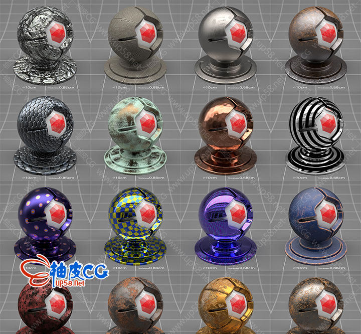 C4D红移Redshift金属皮革布料塑料陶瓷木地板大理石材质球素材库