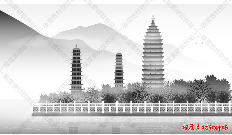 水墨山水古风建筑AI矢量图 国画工笔画图案插画海报设计素材