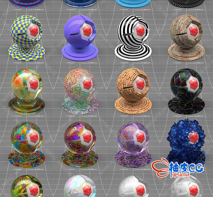 C4D红移Redshift金属皮革布料塑料陶瓷木地板大理石材质球素材库