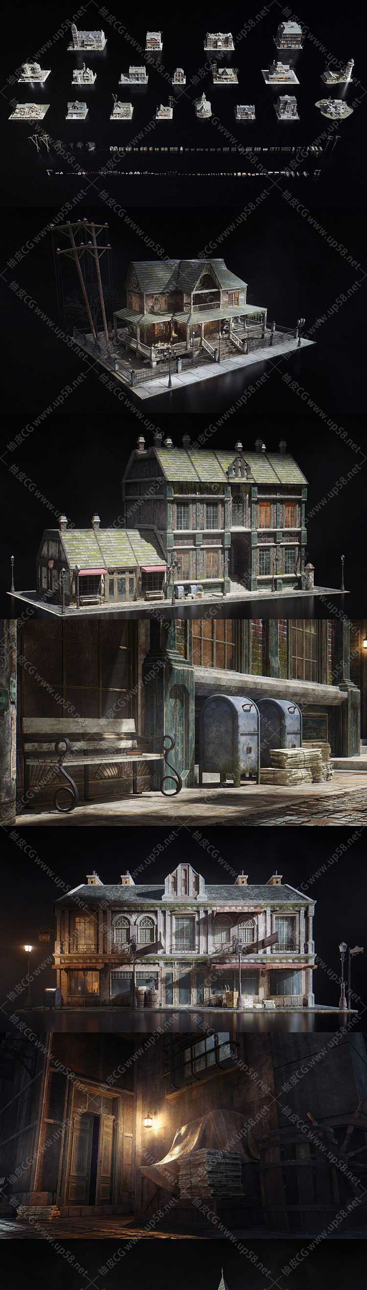 英格兰建筑和环境克苏鲁风格恐怖世界高质量3D模型资产kitbash3D