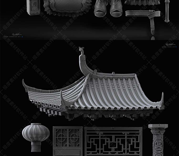 中国古典传统建筑神兽图腾蟾蜍貔貅龙亭台楼阁假山元宝灯笼3D模型