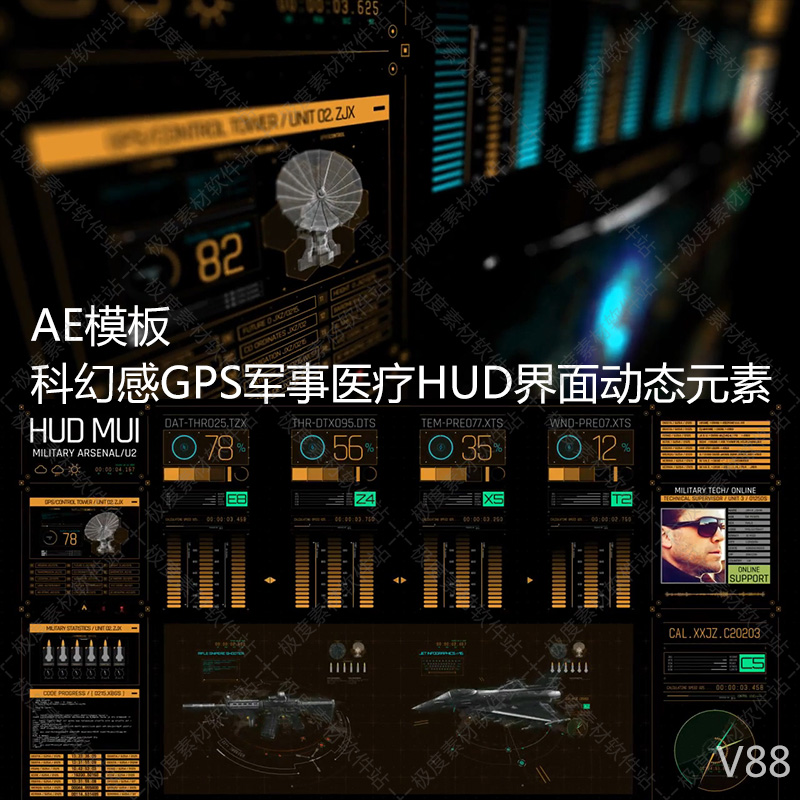 AE模板 科幻感军事GPS医疗地球技术HUD用户界面动态信息元素库