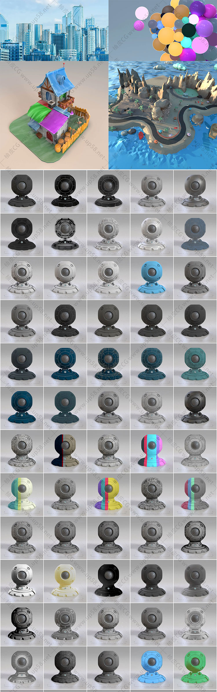 C4D Arnold金属科幻游戏卡通扁平手绘彩铅建筑专业低模材质球预设