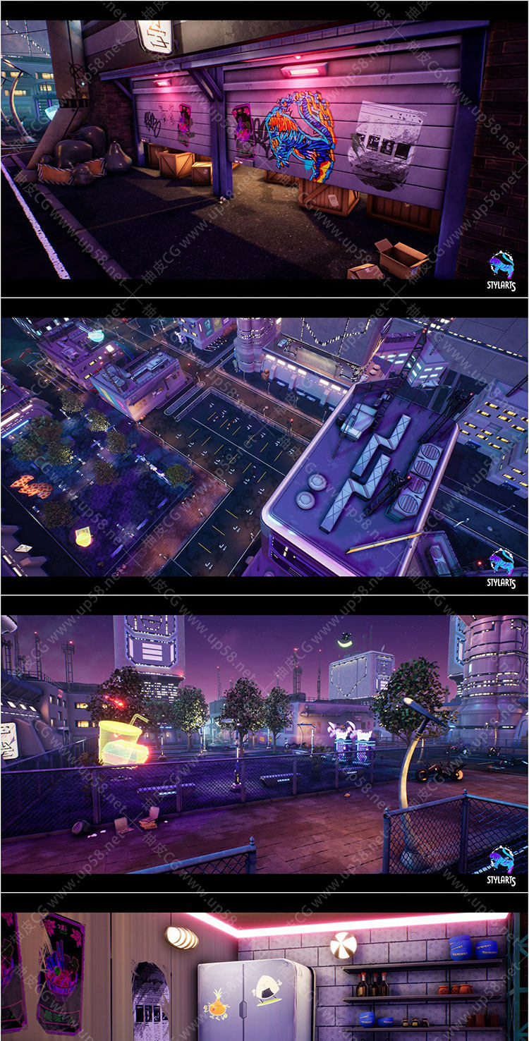 Unreal Engine模块化风格化赛博朋克街道环境资产包Modular Stylized Cyberpunk Street