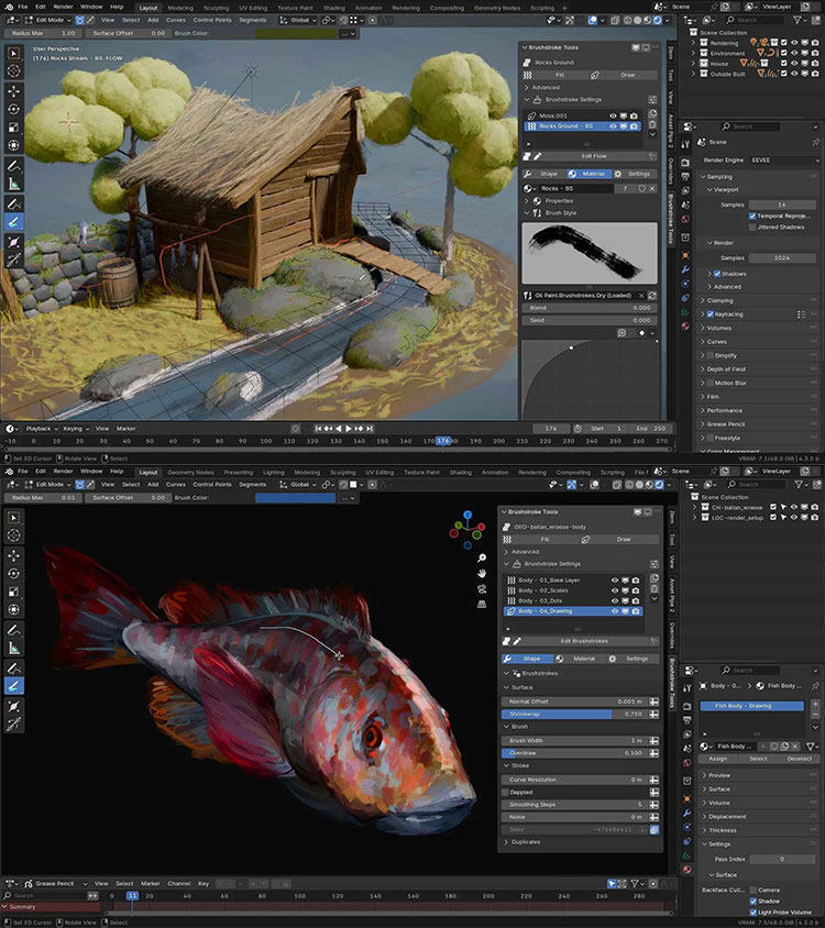 [汉化版]Blender快速创建艺术化 3D 笔触工具Brushstroke Tools v1.2.2+中文字幕教程