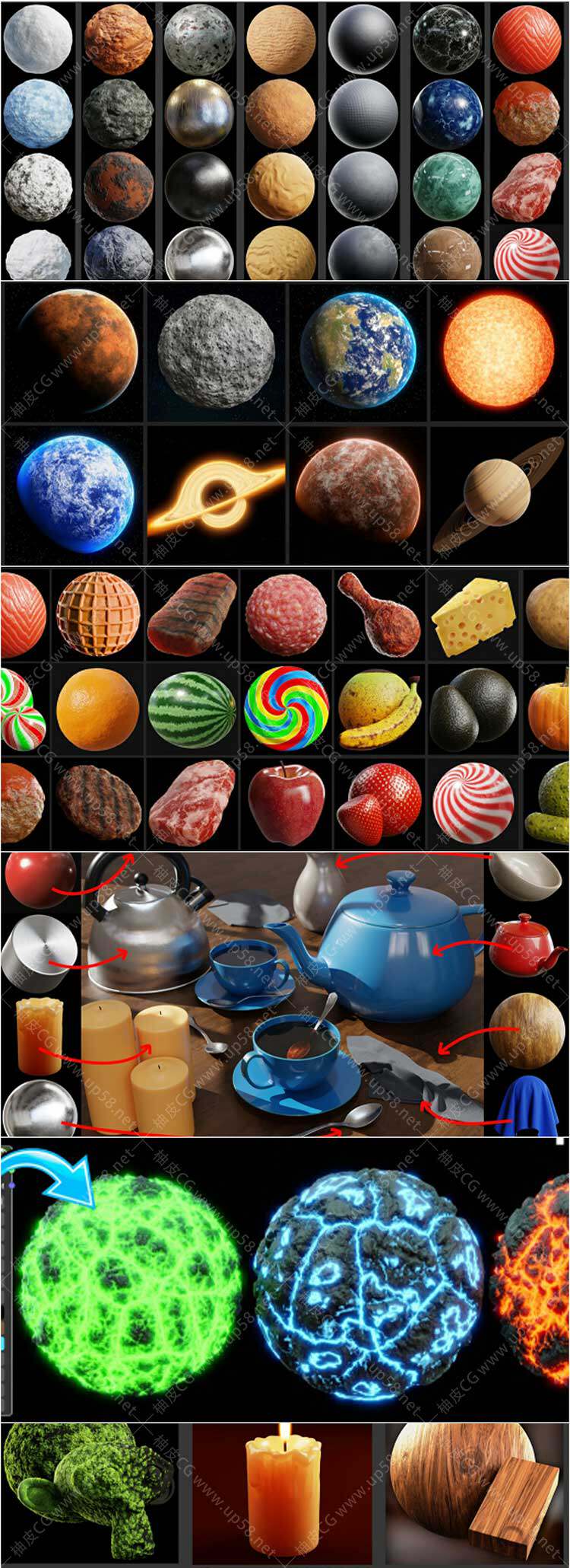 335种Blender金属皮革大理石布料黏土砖瓦混凝土地面岩浆食物程序化材质预设合集