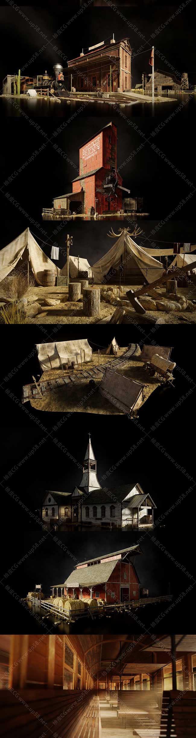 Blender / UE游戏逼真西部边境沙龙农场银行监狱火车站建筑3D模型库Kitbash3D